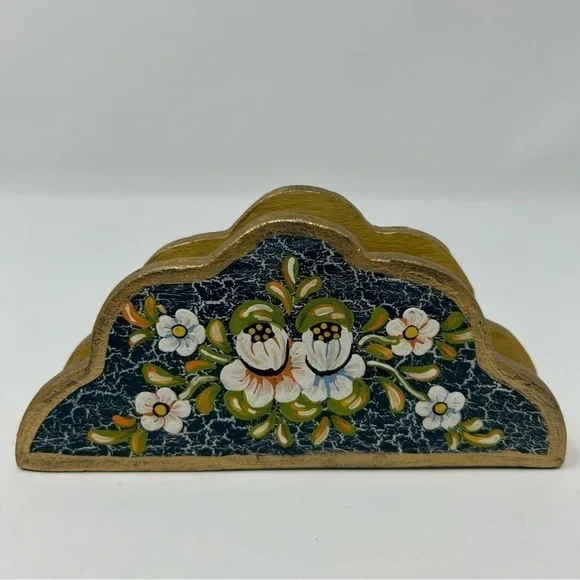 Vintage Blue Wood Napkin Hand Painted White Flowers Double Sided Gold Tone - Picture 1 of 8